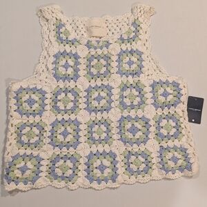 Lucky Brand Crochet Tank with Blue and Green Squares